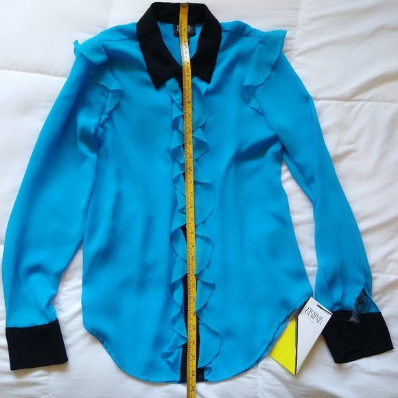 Prabel Gurung x Target blue long sleeve blouse w/black accents & ruffles Small - Picture 2 of 16